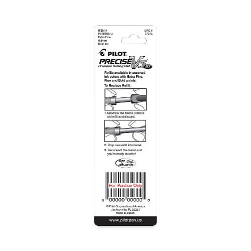 Refill for Pilot Precise V5 RT Rolling Ball, Extra-Fine Conical Tip, Blue Ink, 2/Pack (77274)