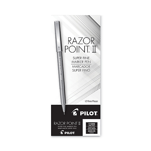 Pilot Razor Point II Super Fine Line Porous Point Pen, Stick, Ultra-Fine 0.2 mm, Black Ink, Black Barrel, Dozen (11009)