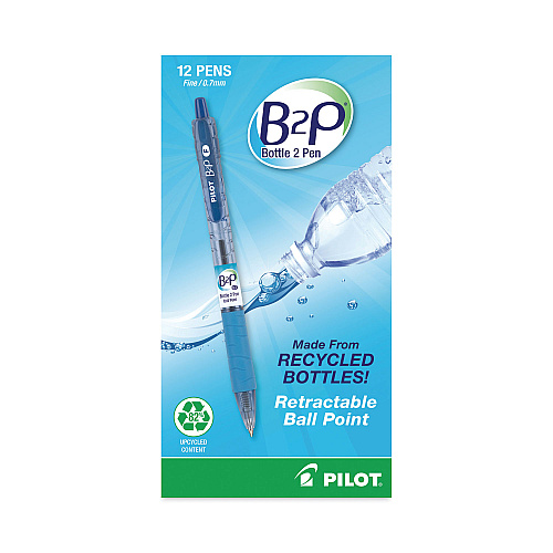 Pilot B2P Bottle-2-Pen Recycled Ballpoint Pen, Retractable, Fine 0.7 mm, Blue Ink, Translucent Blue Barrel, Dozen (32601)