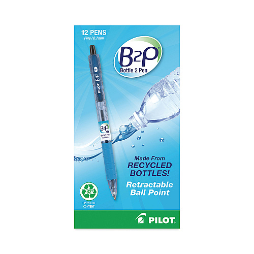 Pilot B2P Bottle-2-Pen Recycled Ballpoint Pen, Retractable, Fine 0.7 mm, Black Ink, Translucent Blue Barrel, Dozen (32600)