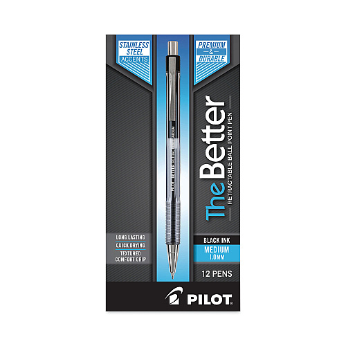 Pilot Better Ballpoint Pen, Retractable, Medium 1 mm, Black Ink, Smoke Barrel, Dozen (30005)
