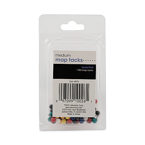 Advantus Map Tacks, Plastic, Assorted, 0.38", 100/Box (MTA)