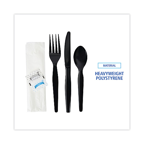 Boardwalk Six-Piece Cutlery Kit, Condiment/Fork/Knife/Napkin/Spoon, Heavyweight, Black, 250/Carton (BWKFKTNSHWPSBLA)