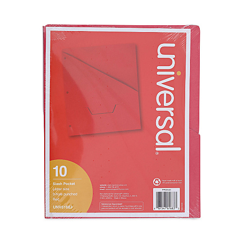 Universal Slash-Cut Pockets for Three-Ring Binders, Jacket, Letter, 11 Pt., 8.5 x 11, Red, 10/Pack (UNV61683)