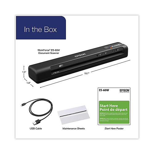 Epson WorkForce ES-60W Wireless Scanner, Scans Up to 8.5 x 72, 600 dpi Optical Resolution (B11B253201SP)