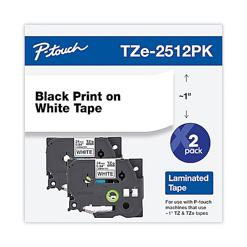 Brother TZe Standard Adhesive Laminated Labeling Tape, 0.94" x 26.2 ft, Black on White, 2/Pack (TZE2512PK)