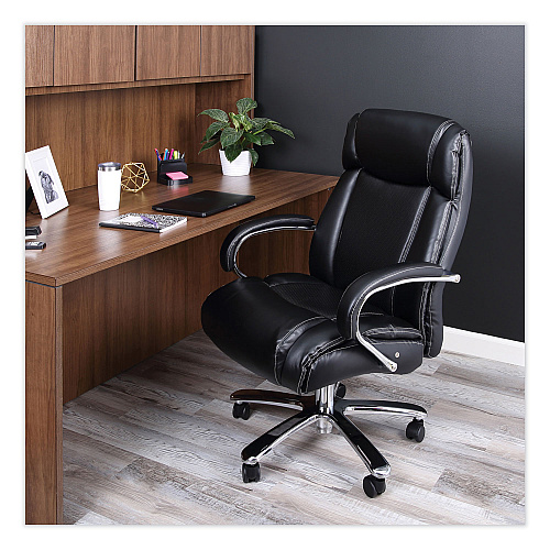 Alera Maxxis Series Big/Tall Bonded Leather Chair, Supports 500 lb, 19.7" to 25" Seat Height, Black Seat/Back, Chrome Base (ALEMS4419)