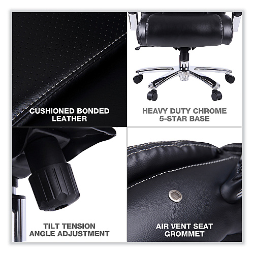 Alera Maxxis Series Big/Tall Bonded Leather Chair, Supports 500 lb, 19.7" to 25" Seat Height, Black Seat/Back, Chrome Base (ALEMS4419)