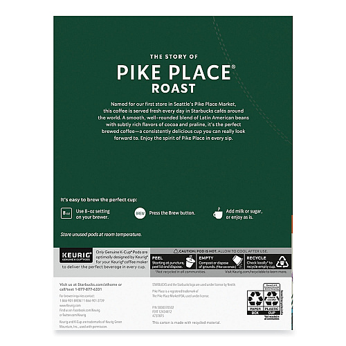 Starbucks Pike Place Coffee K-Cups Pack, 24/Box, 4 Box/Carton (011111156CT)