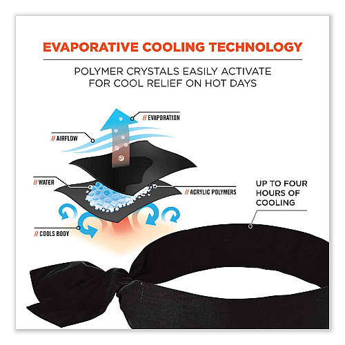 ergodyne Chill-Its 6700 Cooling Bandana Polymer Tie Headband, One Size Fits Most, Black (12332)