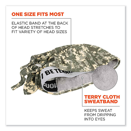 ergodyne Chill-Its 6615 High-Performance Bandana Doo Rag with Terry Cloth Sweatband, One Size Fits Most, Camo (12478)