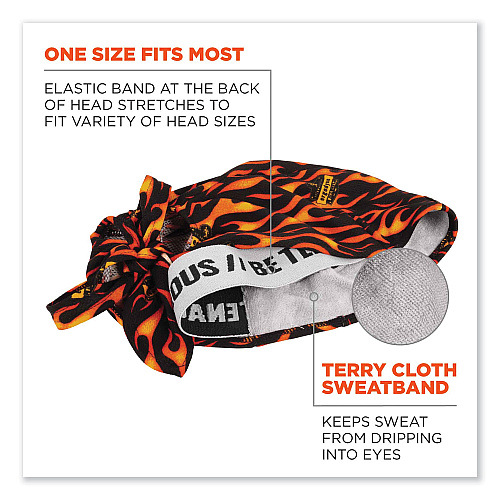 ergodyne Chill-Its 6615 High-Performance Bandana Doo Rag with Terry Cloth Sweatband, One Size Fits Most, Flames (12485)