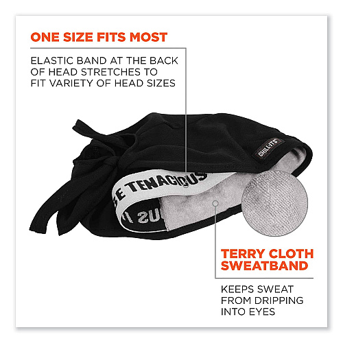 ergodyne Chill-Its 6615 High-Performance Bandana Doo Rag with Terry Cloth Sweatband, One Size Fits Most, Black (12487)
