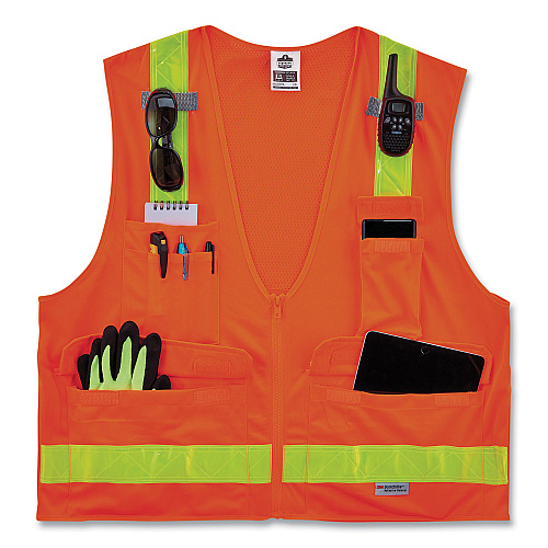 ergodyne GloWear 8250ZHG Class 2 Hi-Gloss Surveyors Zipper Vest, Polyester, Large/X-Large, Orange (21435)
