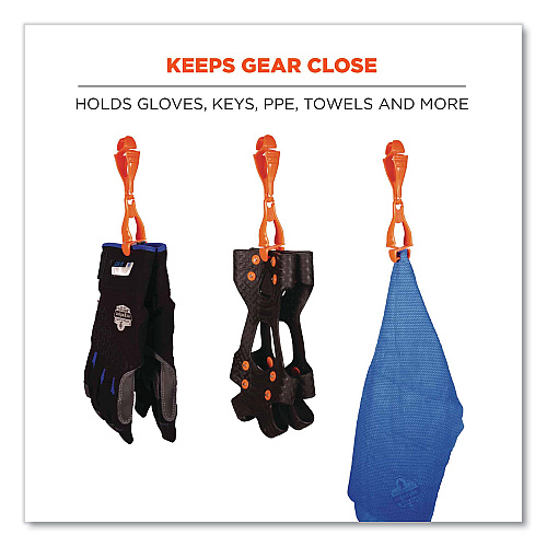 ergodyne Squids 3400 Glove Clip Holder with Dual Clips, 1 x 1 x 6.5, Acetal Copolymer, Orange, 100/Carton (19718BULK)