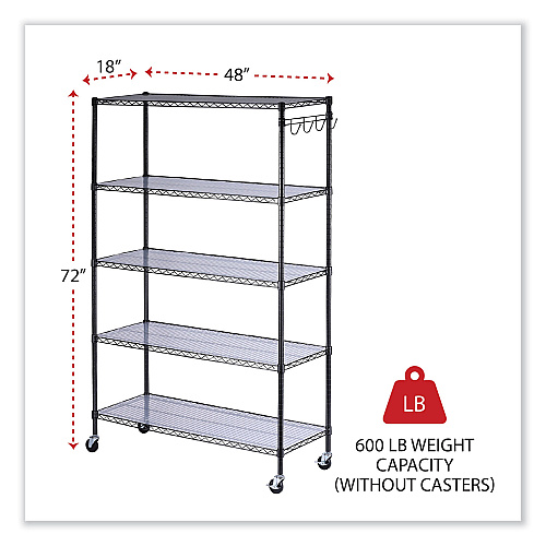 Alera 5-Shelf Wire Shelving Kit with Casters and Shelf Liners, 48w x 18d x 72h, Black Anthracite (ALESW654818BA)
