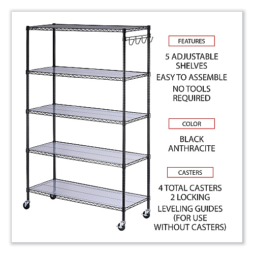 Alera 5-Shelf Wire Shelving Kit with Casters and Shelf Liners, 48w x 18d x 72h, Black Anthracite (ALESW654818BA)