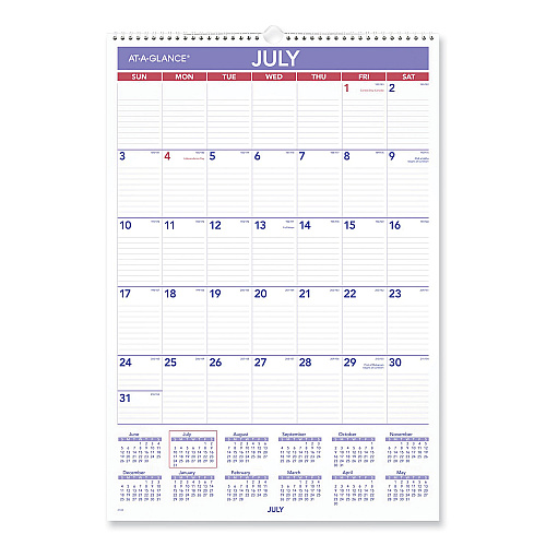AT-A-GLANCE Academic Monthly Wall Calendar, 15.5 x 22.75, White/Violet/Red Sheets, 12-Month (July-June): 2022-2023 (AY32823)