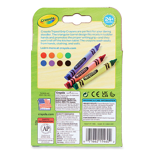 Crayola Washable Tripod Grip Crayons, Assorted Colors, 8/Pack (811460)