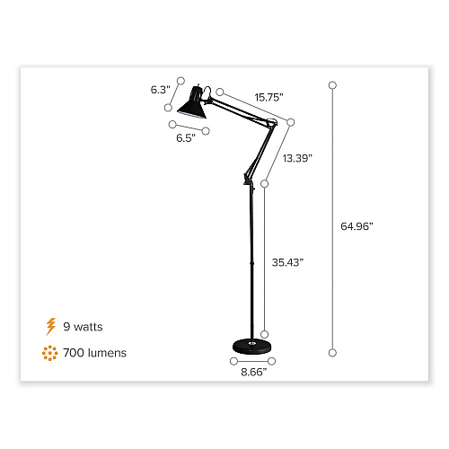 Bostitch Swing Arm Metal Floor Lamp, 64.96" to 72" Tall, Black Base, Black Metal Shade (VLF100F)