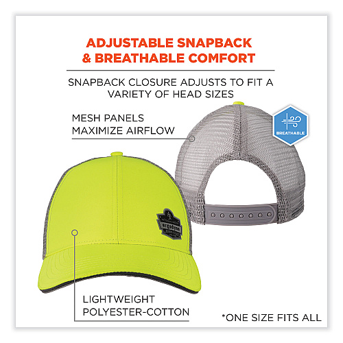 GloWear 8933 Reflective Snapback Hat, Cotton/Polyester, Ergodyne Logo, One Size Fits Most, Hi-Vis Lime (23244)