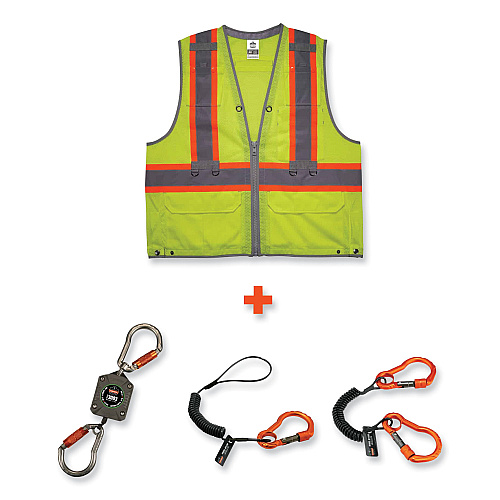 ergodyne GloWear 8231TVK Class 2 Hi-Vis Tool Tethering Safety Vest Kit, Polyester, Small/Medium, Lime (24183)
