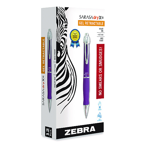 Zebra Sarasa Dry X10 Gel Pen, Retractable, Medium 0.7 mm, Violet Ink, Violet/Silver Barrel, 12/Pack (42680)