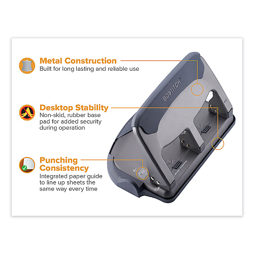 Bostitch 40-Sheet EZ Squeeze Antimicrobial Protected Heavy-Duty Three-Hole Punch, 9/32" Holes, Gray (HP40AM)