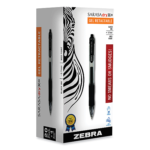 Zebra Sarasa Dry Gel X20 Gel Pen Value Pack, Retractable, Medium 0.7 mm, Black Ink, Clear/Black Barrel, 24/Box (14680)