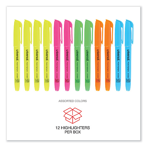 Universal Pocket Highlighters, Assorted Ink Colors, Chisel Tip, Assorted Barrel Colors, Dozen (UNV08857)