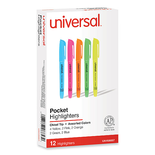Universal Pocket Highlighters, Assorted Ink Colors, Chisel Tip, Assorted Barrel Colors, Dozen (UNV08857)