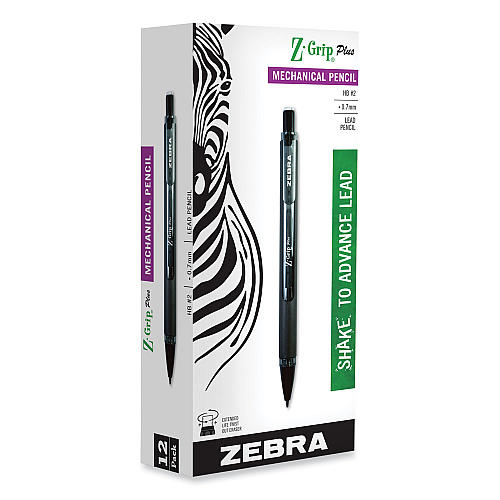 Zebra Z-Grip Plus Mechanical Pencil, 0.7 mm, HB (#2), Black Lead, Assorted Barrel Colors, Dozen 0.7 mm Black Lead - Refillable - 1 Dozen (55410)