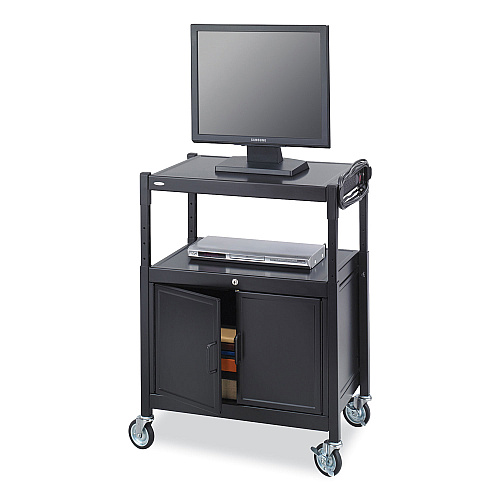 Safco Steel Adjustable AV Cart with Cabinet, Metal, 3 Shelf, 6 AC Outlets, 40 lb Capacity, 26.75 x 20.5 x 42, Black (8943BL)