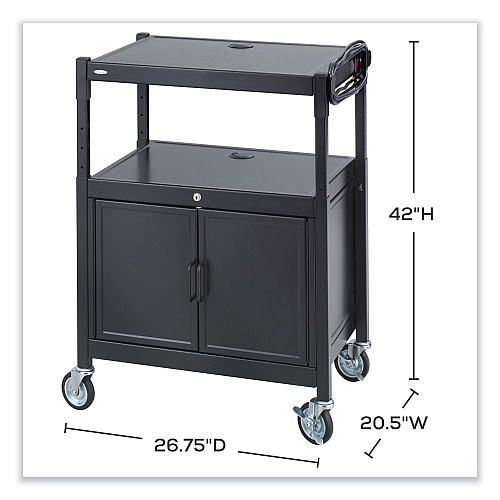 Safco Steel Adjustable AV Cart with Cabinet, Metal, 3 Shelf, 6 AC Outlets, 40 lb Capacity, 26.75 x 20.5 x 42, Black (8943BL)