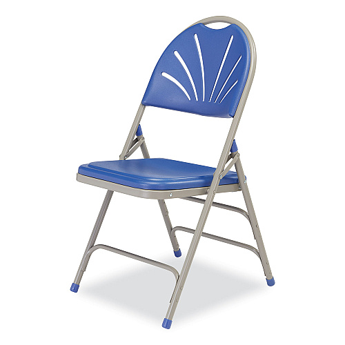 NPS 1100 Series Deluxe Fan-Back Tri-Brace Folding Chair, Supports Up to 500 lb, Blue Seat, Blue Back, Gray Base, 4/Carton (1105)