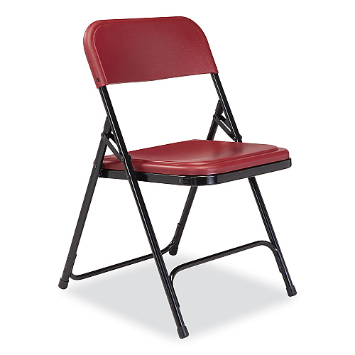 NPS 800 Series Plastic Folding Chair, Supports Up to 500 lb, 18" Seat Height, Burgundy Seat, Burgundy Back, Black Base, 4/Carton (818)