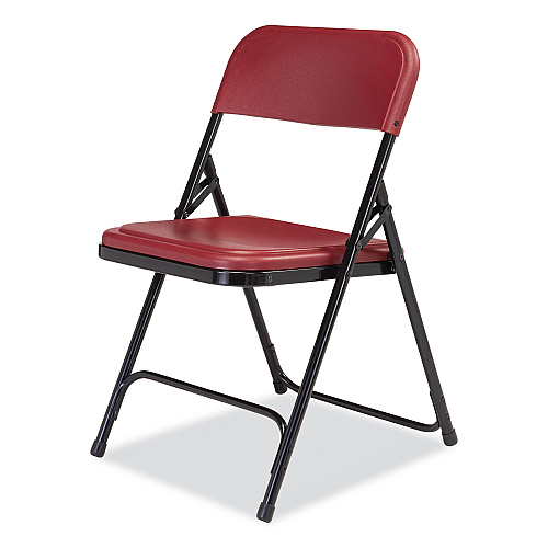 NPS 800 Series Plastic Folding Chair, Supports Up to 500 lb, 18" Seat Height, Burgundy Seat, Burgundy Back, Black Base, 4/Carton (818)