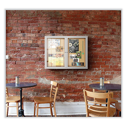 Ghent 2 Door Enclosed Natural Cork Bulletin Board with Satin Aluminum Frame, 48 x 36, Tan Surface (PA23648K)