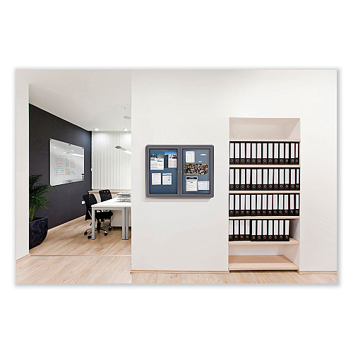 Ghent Ovation 1 Door Enclosed Beige Fabric Bulletin Board with Gray Frame, 24.13 x 33.75, Aluminum Frame (OVG1F90)