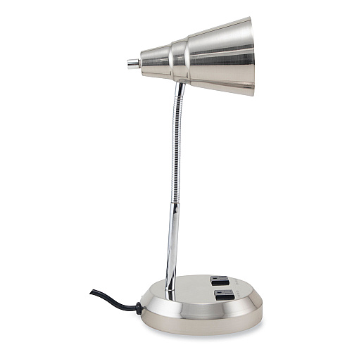 V-Light LED Gooseneck Desk Lamp with Charging Outlets, Gooseneck,15" High, Brushed Steel (VS20105BN)