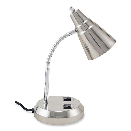V-Light LED Gooseneck Desk Lamp with Charging Outlets, Gooseneck,15" High, Brushed Steel (VS20105BN)