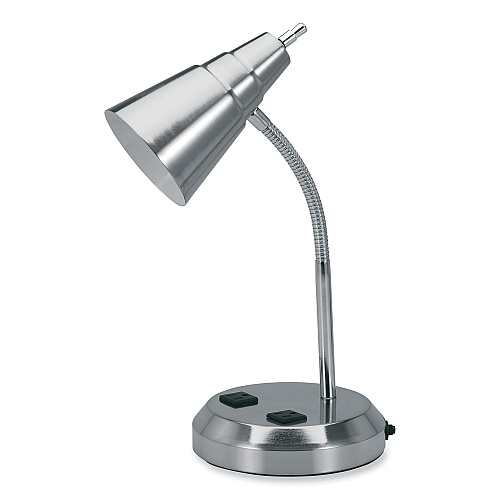 V-Light LED Gooseneck Desk Lamp with Charging Outlets, Gooseneck,15" High, Brushed Steel (VS20105BN)