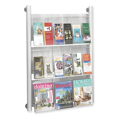 Safco Luxe Magazine Rack, 9 Compartments, 31.75w x 5d x 41h, Clear/Silver (4134SL)