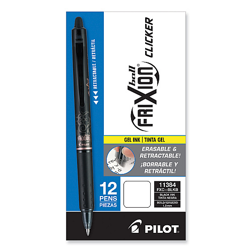 Pilot FriXion Clicker Erasable Gel Pen, Retractable, Bold 1 mm, Black Ink, Black Barrel, Dozen (11384)