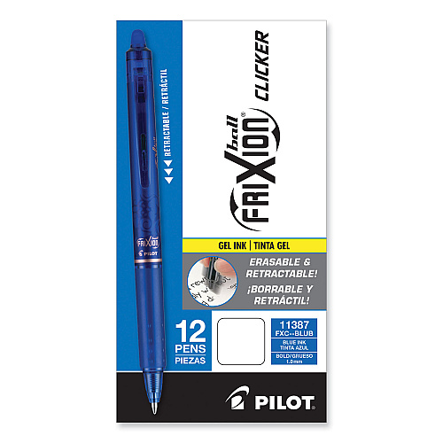 Pilot FriXion Clicker Erasable Gel Pen, Retractable, Bold 1 mm, Blue Ink, Blue Barrel, Dozen (11387)