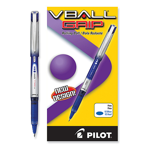 Pilot VBall Grip Liquid Ink Roller Ball Pen, Stick, Fine 0.7 mm, Blue Ink, Blue/Silver Barrel, Dozen (35571)