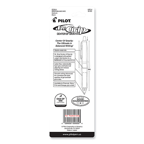 Pilot Dr. Grip Center of Gravity Ballpoint Pen, Retractable, Medium 1 mm, Black Ink, Silver/Charcoal Grip Barrel (36180)