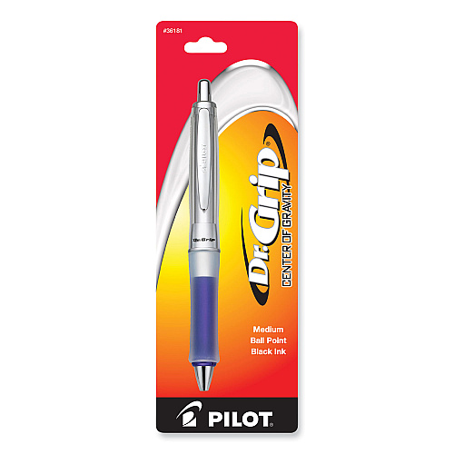 Pilot Dr. Grip Center of Gravity Ballpoint Pen, Retractable, Medium 1 mm, Black Ink, Silver/Navy Grip Barrel (36181)