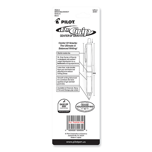Pilot Dr. Grip Center of Gravity Ballpoint Pen, Retractable, Medium 1 mm, Black Ink, Silver/Navy Grip Barrel (36181)