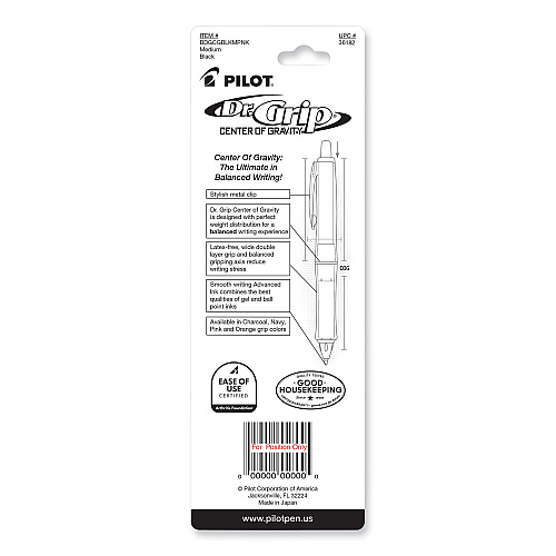 Pilot Dr. Grip Center of Gravity Ballpoint Pen, Retractable, Medium 1 mm, Black Ink, Silver/Pink Grip Barrel (36182)